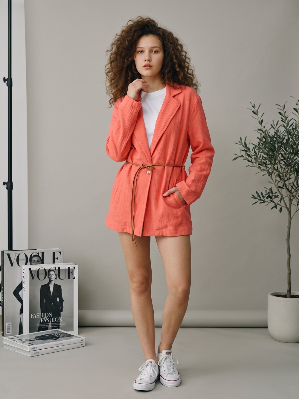 Free People Olivia Coral Belted Cotton Linen Blazer Jacket Medium